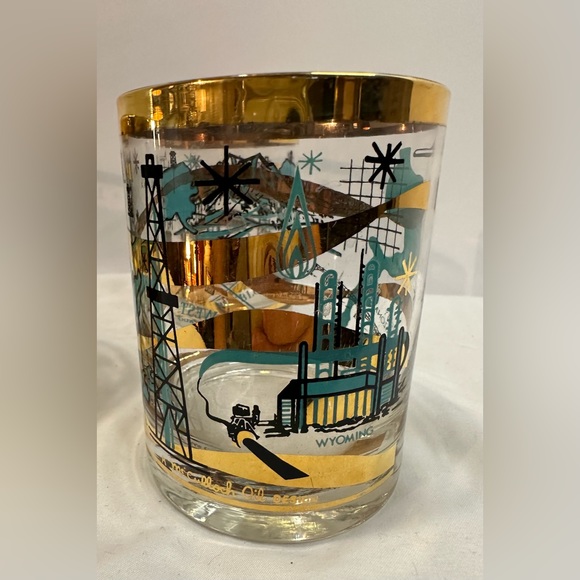 Rare Set of 5 MCM Norma Jean Wright 24k Gold & Turquoise Oil & Gas Bar Glasses - Picture 13 of 15